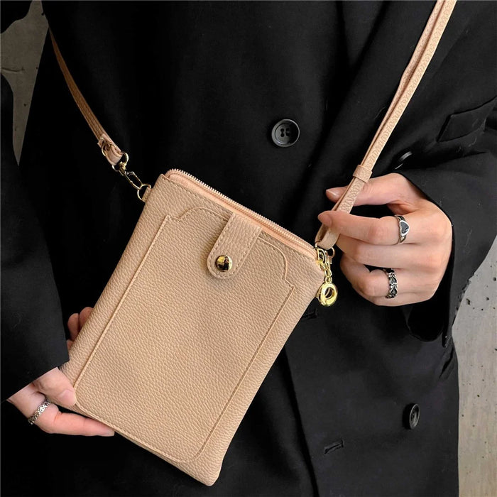 Litchi Texture Zipper Mobile Phone Bag Universal Dual Layer Cell Phone Pouch with Adjustable Shoulder Strap - Apricot - 7
