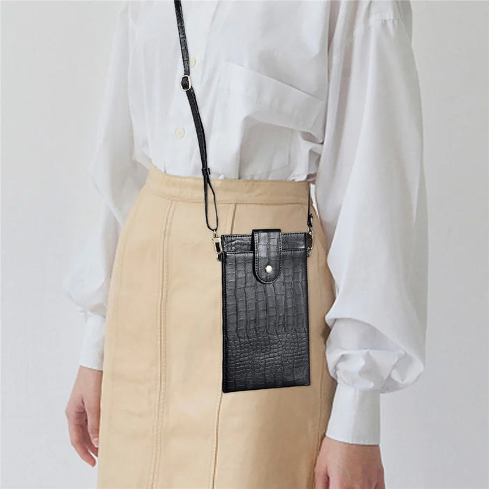 Crossbody Phone Bag Dual Layer Textured PU Leather Button Cellphone Purse Pouch with Adjustable Shoulder Strap - Black - 3