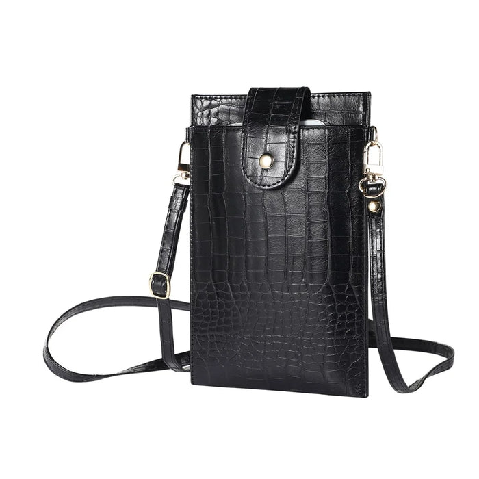 Crossbody Phone Bag Dual Layer Textured PU Leather Button Cellphone Purse Pouch with Adjustable Shoulder Strap - Black - 7