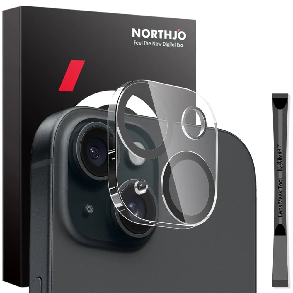 NORTHJO For iPhone 15 / 15 Plus Tempered Glass Camera Lens Protector Black Circles HD Clear 3D Full Coverage - 1