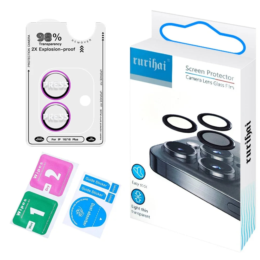 RURIHAI For iPhone 16 / 16 Plus Camera Lens Film Titanium Alloy Ring+Tempered Glass Lens Protector - Pink - 5