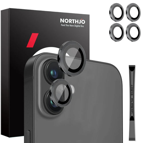 NORTHJO 2 Sets for iPhone 16 / 16 Plus Camera Lens Protector CD Veins Metal Ring Tempered Glass Lens Guard - Black - 1