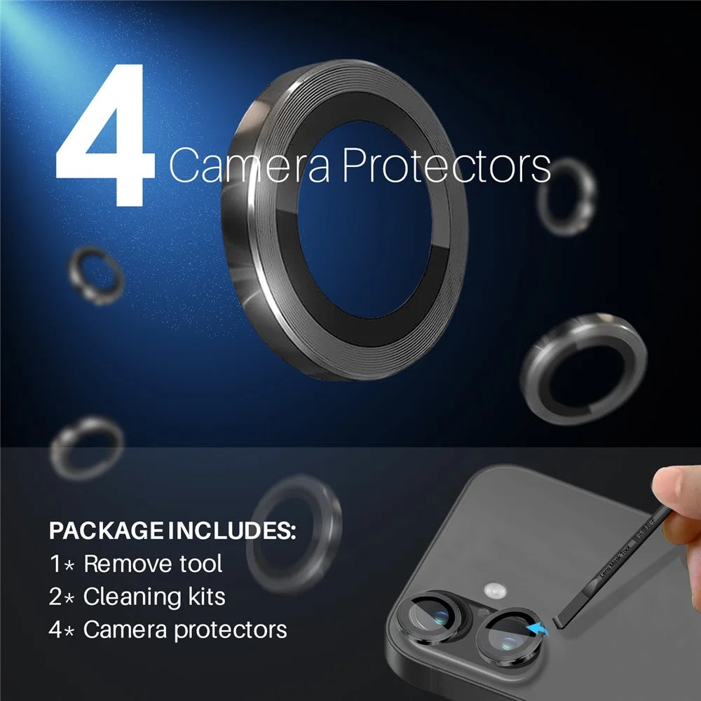 NORTHJO 2 Sets for iPhone 16 / 16 Plus Camera Lens Protector CD Veins Metal Ring Tempered Glass Lens Guard - Black - 2