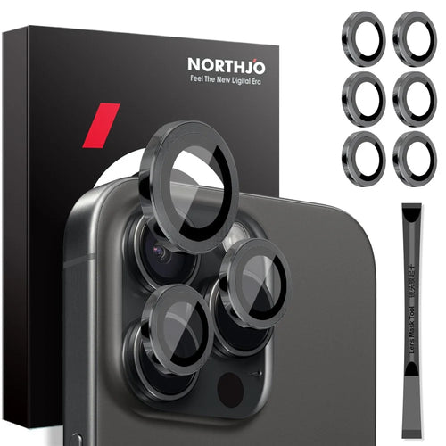 NORTHJO 2 Sets for iPhone 16 Pro / 16 Pro Max Tempered Glass Camera Lens Film CD Veins Metal Ring Lens Guard - Black - 1