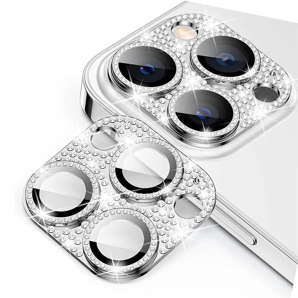 ENKAY HAT PRINCE For iPhone 16 Pro / 16 Pro Max Camera Lens Protector Rhinestone Decor Metal+Tempered Glass Lens Film - Silver - 1