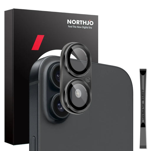 NORTHJO For iPhone 16 Plus / 16 Integrated Camera Lens Protector CD Vein Metal Frame + Tempered Glass Lens Film - Black - 1