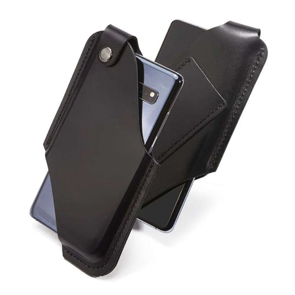 Belt Phone Bag for Men Cowhide Leather Waist Phone Case Lightweight Hollow Design Cell Phone Pouch (Size: L) - Black - 5