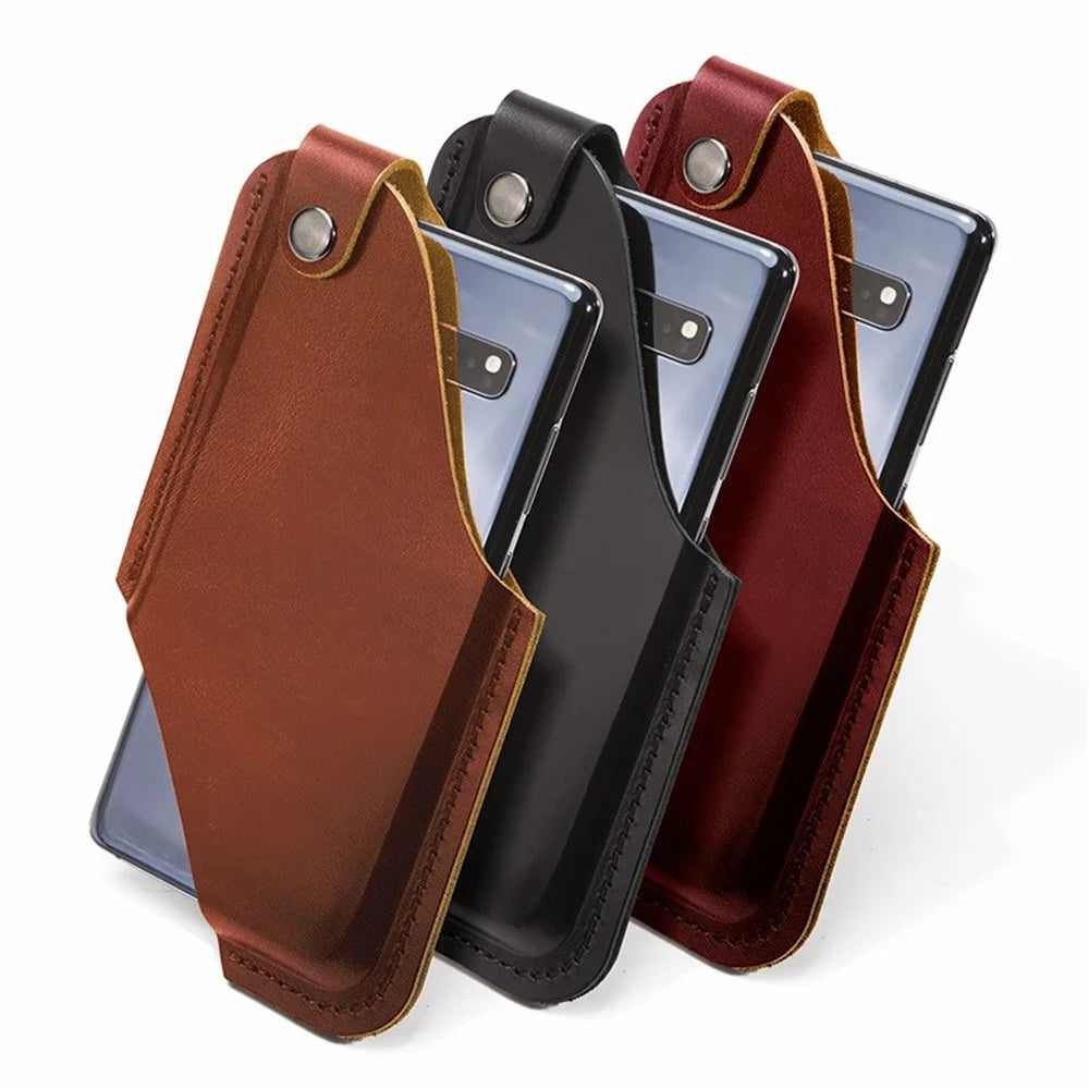 Belt Phone Bag for Men Cowhide Leather Waist Phone Case Lightweight Hollow Design Cell Phone Pouch (Size: L) - Black - 7