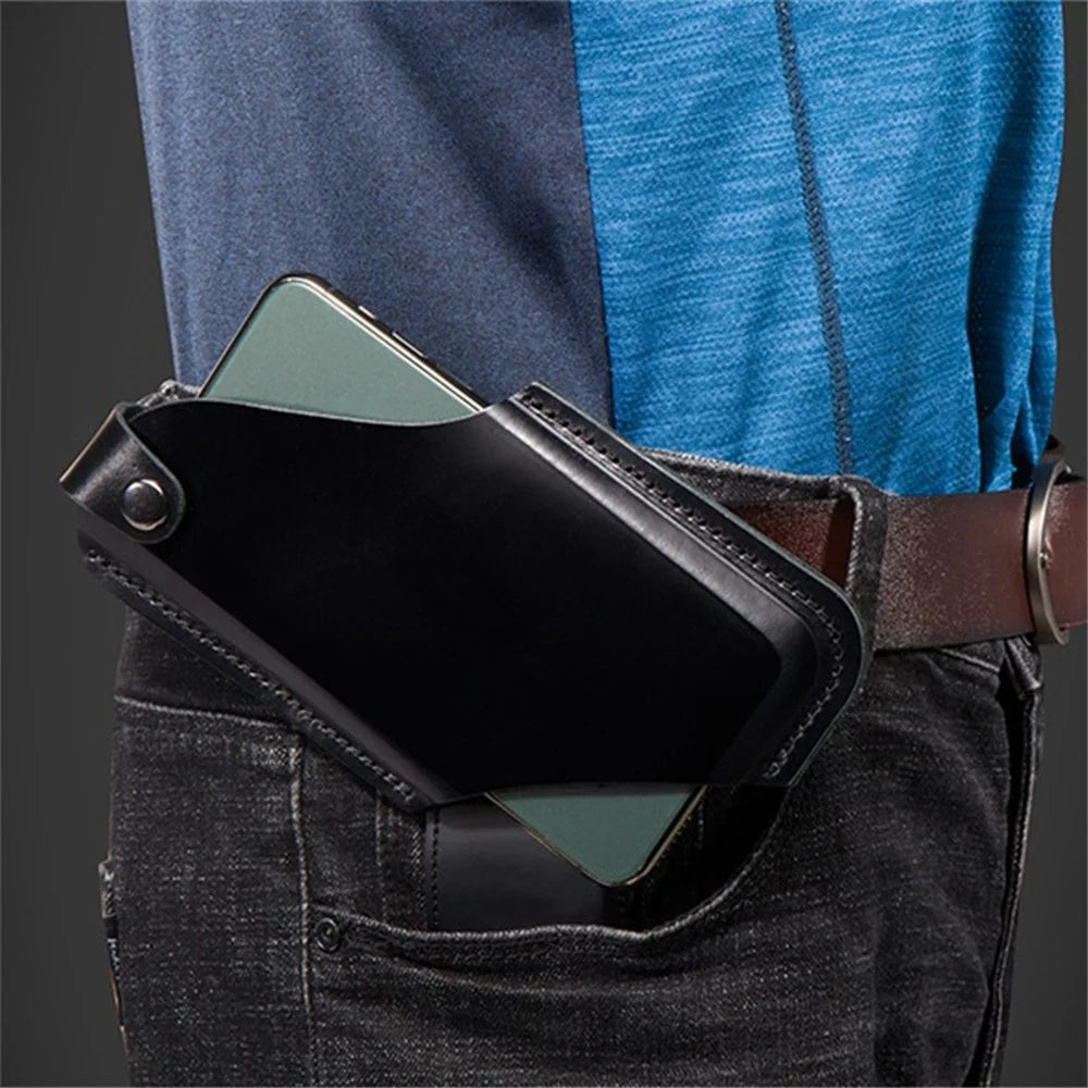 Hollow Design Belt Phone Bag for Men Cowhide Leather Waist Phone Case Lightweight Mobile Phone Pouch (Size: S) - Black - 2