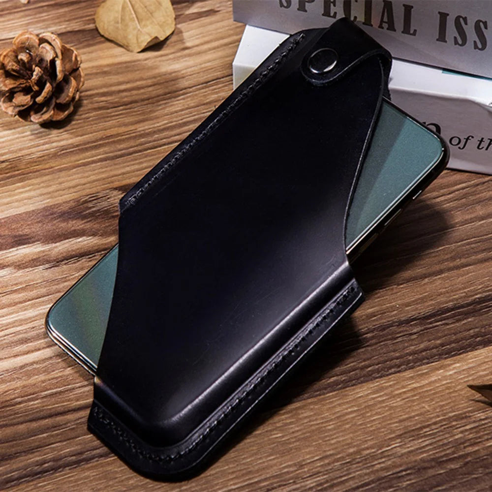 Hollow Design Belt Phone Bag for Men Cowhide Leather Waist Phone Case Lightweight Mobile Phone Pouch (Size: S) - Black - 3