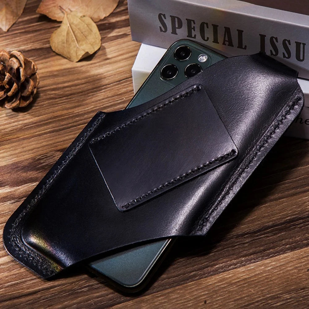 Hollow Design Belt Phone Bag for Men Cowhide Leather Waist Phone Case Lightweight Mobile Phone Pouch (Size: S) - Black - 4