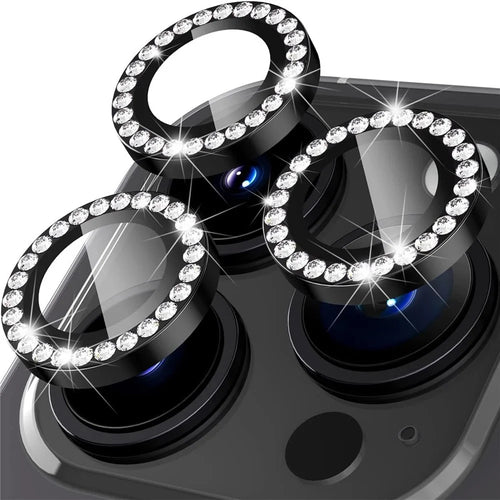 1Set For iPhone 16 Pro / 16 Pro Max Camera Lens Protector Tempered Glass+Metal Ring Rhinestone Lens Film - Black - 1