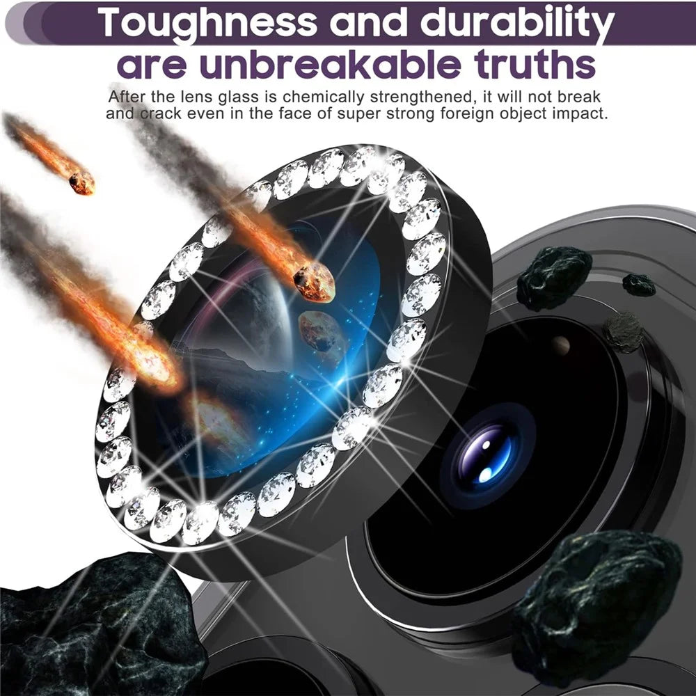 1Set For iPhone 16 Pro / 16 Pro Max Camera Lens Protector Tempered Glass+Metal Ring Rhinestone Lens Film - Black - 2