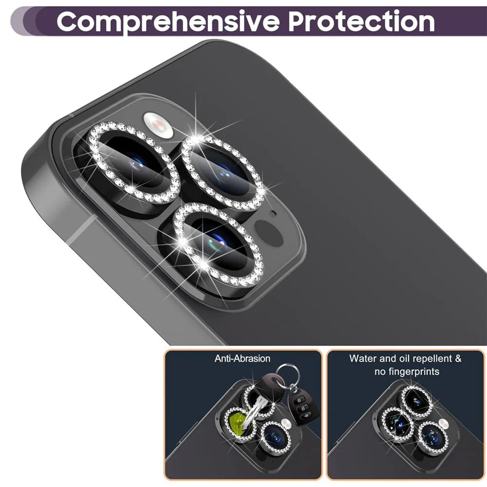 1Set For iPhone 16 Pro / 16 Pro Max Camera Lens Protector Tempered Glass+Metal Ring Rhinestone Lens Film - Black - 3