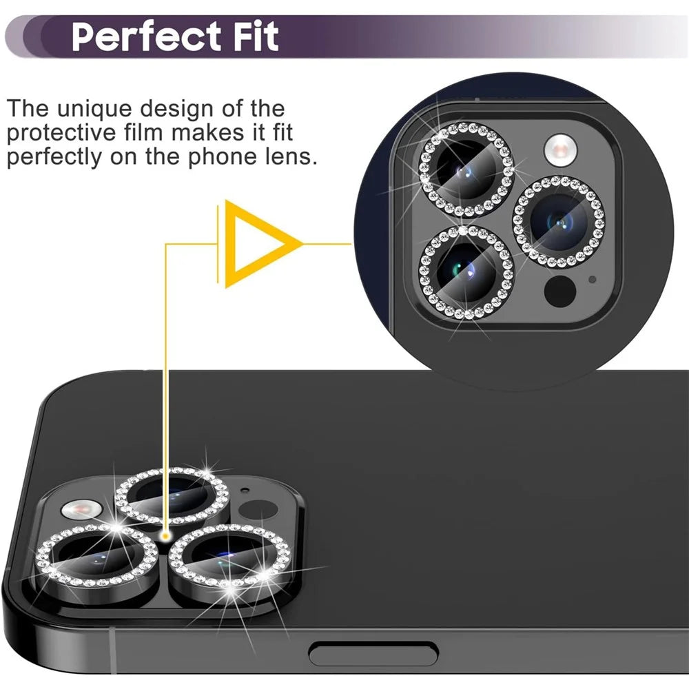 1Set For iPhone 16 Pro / 16 Pro Max Camera Lens Protector Tempered Glass+Metal Ring Rhinestone Lens Film - Black - 4