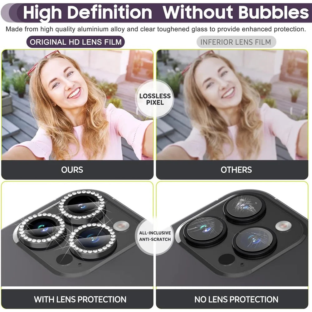 1Set For iPhone 16 Pro / 16 Pro Max Camera Lens Protector Tempered Glass+Metal Ring Rhinestone Lens Film - Black - 6