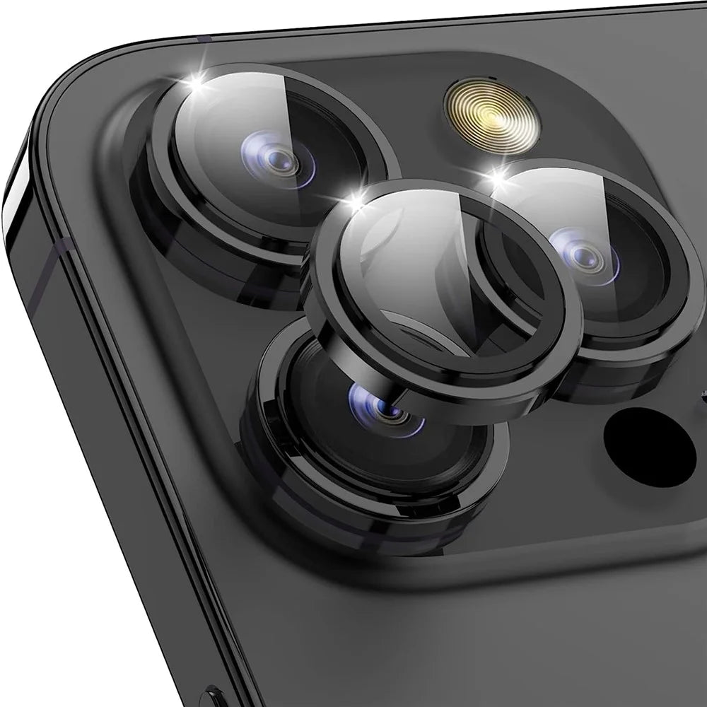1Set For iPhone 16 Pro / 16 Pro Max Camera Lens Film Tempered Glass CD Vein Metal Ring Rear Lens Protector - Black - 1
