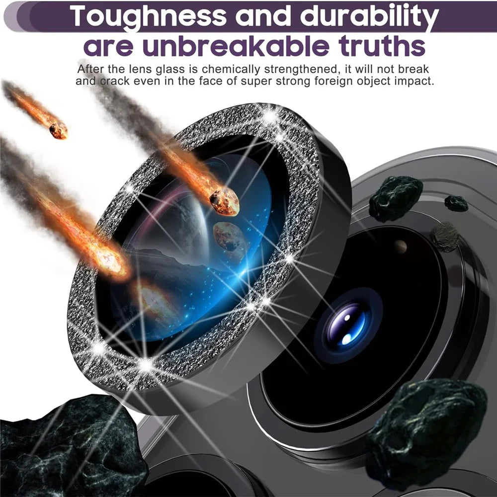For iPhone 16 Pro / 16 Pro Max Glitter Camera Lens Film Metal Ring+Tempered Glass Phone Lens Protector - Black - 2