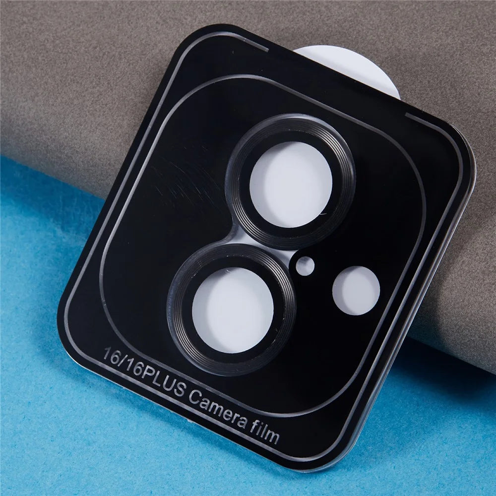 For iPhone 16 / 16 Plus Camera Lens Protector CD Veins Metal Ring Tempered Glass Film - Black - 6