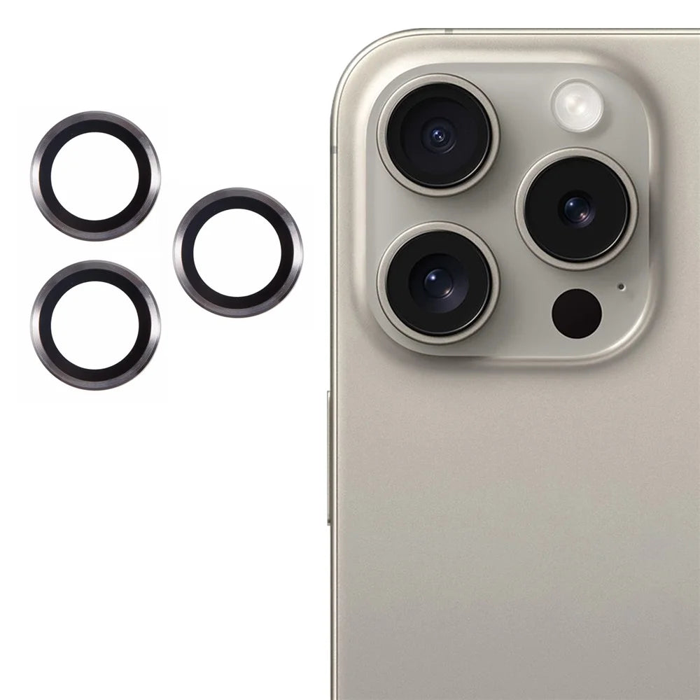 For iPhone 16 Pro Max / 16 Pro Camera Lens Protector Metal Ring Tempered Glass Film - Titanium Grey - 1