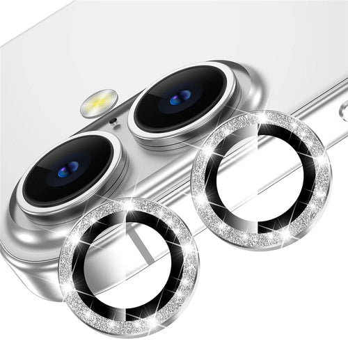 For iPhone 16  /  16 Plus Glitter Camera Lens Film Metal Ring+Tempered Glass Phone Lens Protector - Silver - 1
