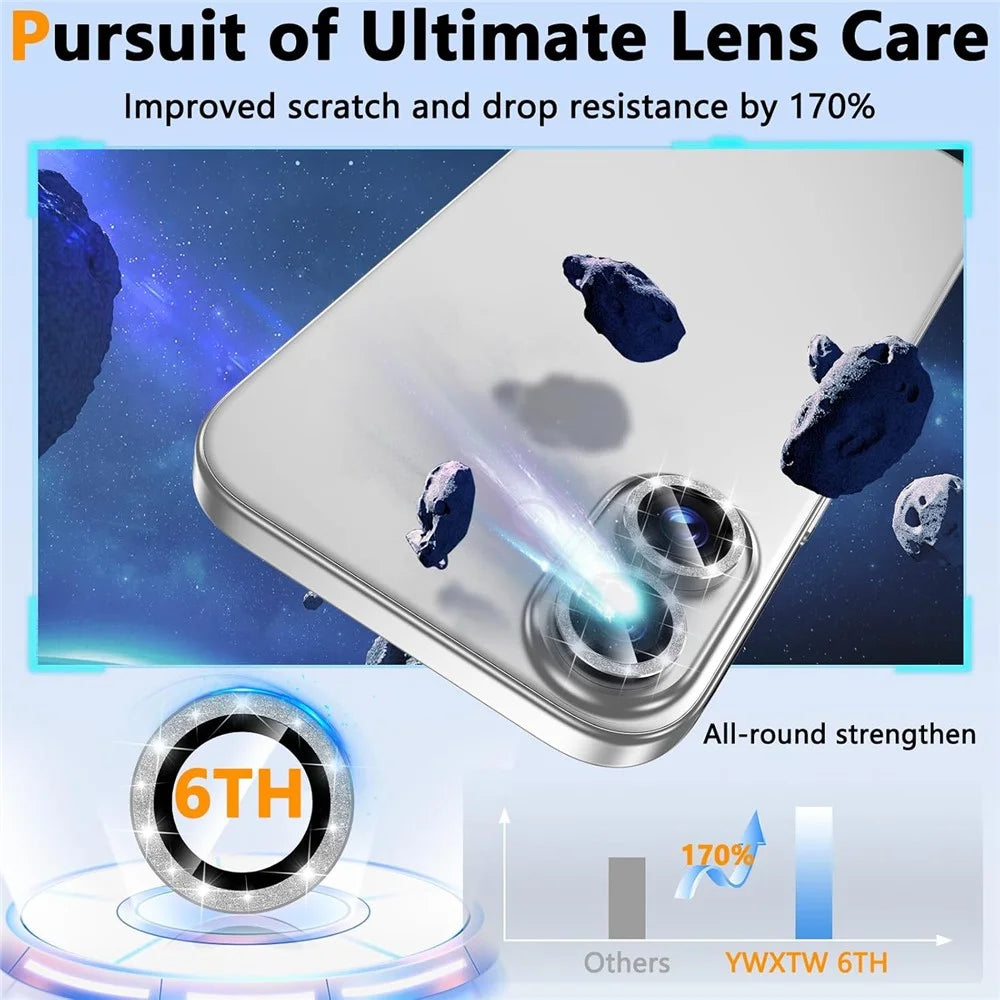 For iPhone 16  /  16 Plus Glitter Camera Lens Film Metal Ring+Tempered Glass Phone Lens Protector - Silver - 2