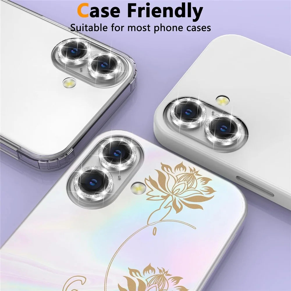 For iPhone 16  /  16 Plus Glitter Camera Lens Film Metal Ring+Tempered Glass Phone Lens Protector - Silver - 3