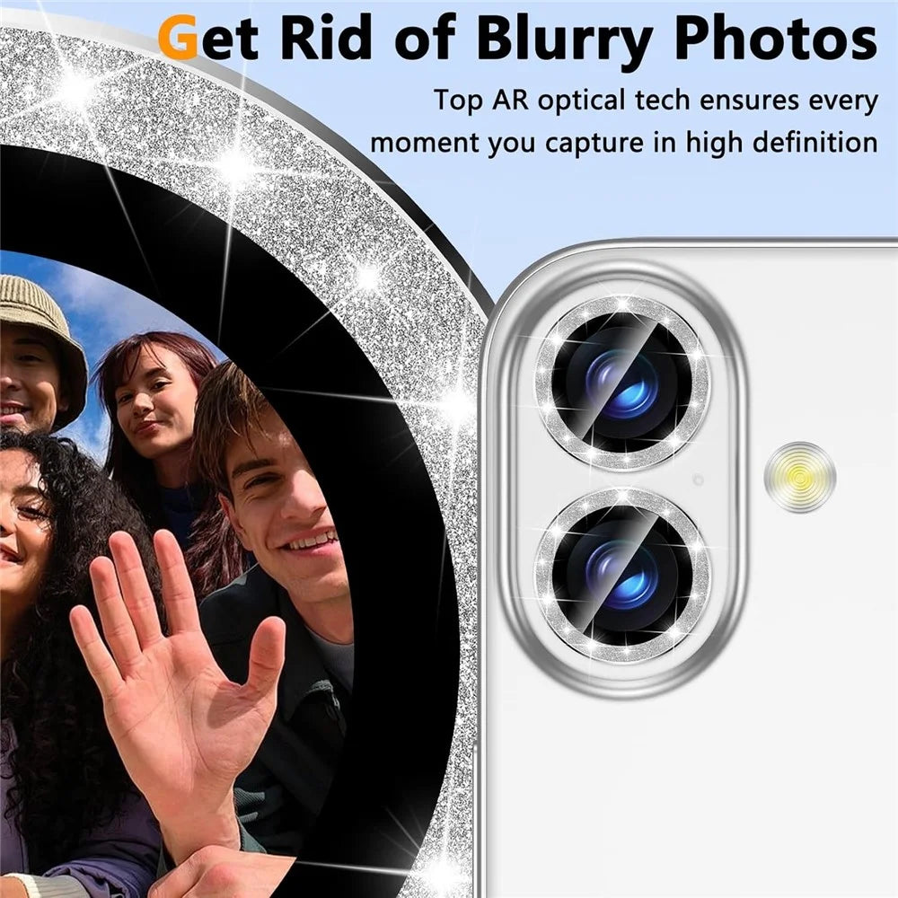 For iPhone 16  /  16 Plus Glitter Camera Lens Film Metal Ring+Tempered Glass Phone Lens Protector - Silver - 4