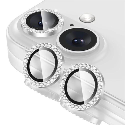 1Set For iPhone 16  /  16 Plus Camera Lens Protector Tempered Glass+Metal Ring Rhinestone Lens Film - Silver - 1
