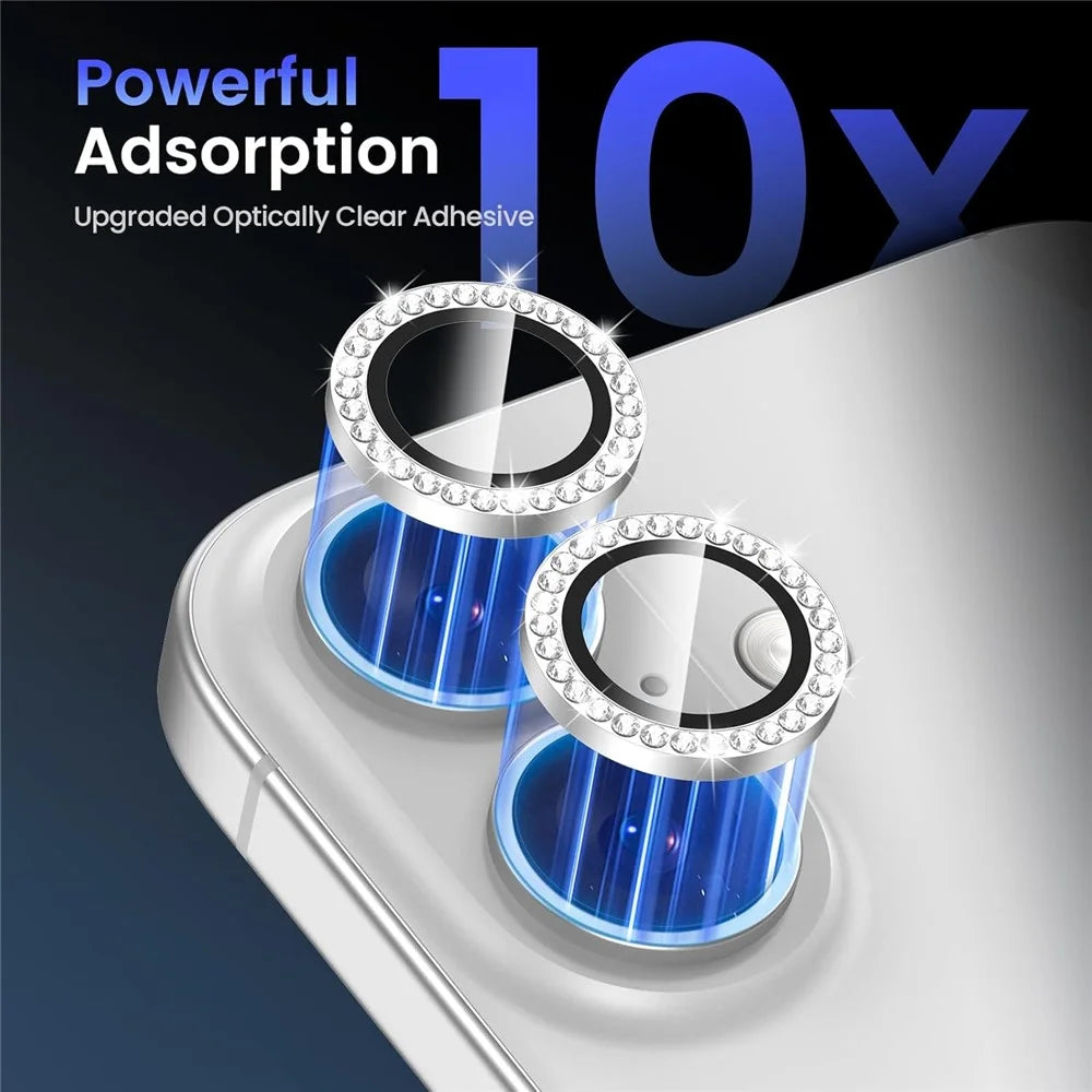 1Set For iPhone 16  /  16 Plus Camera Lens Protector Tempered Glass+Metal Ring Rhinestone Lens Film - Silver - 2