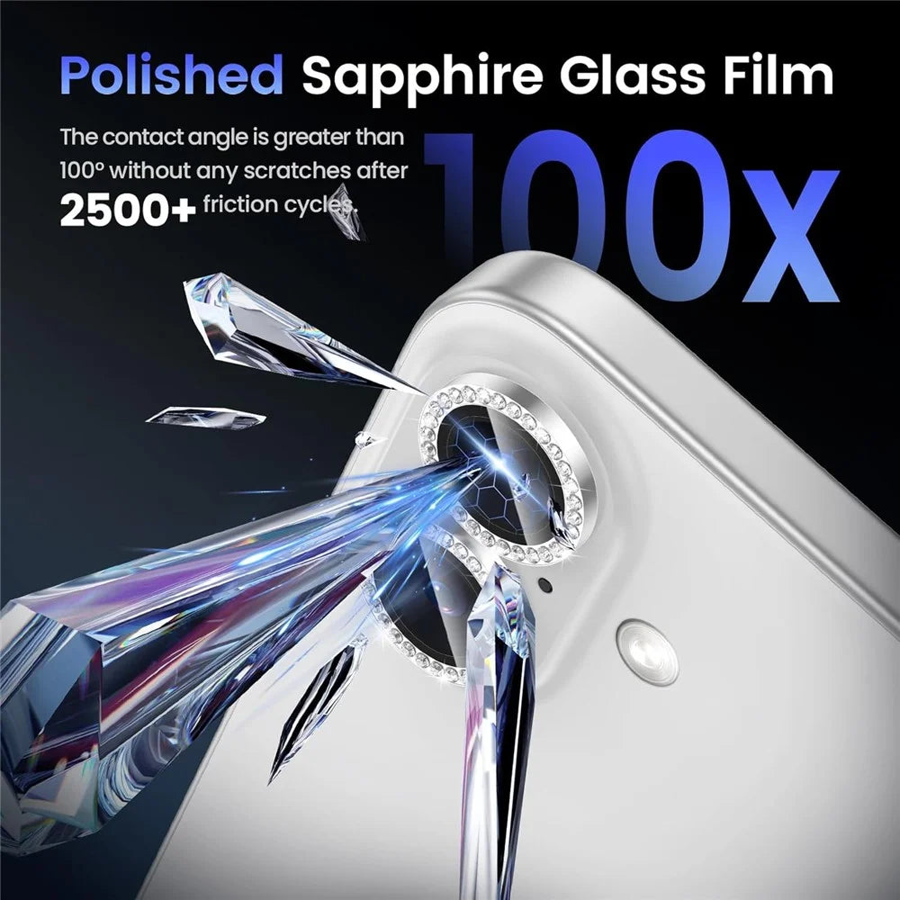 1Set For iPhone 16  /  16 Plus Camera Lens Protector Tempered Glass+Metal Ring Rhinestone Lens Film - Silver - 4