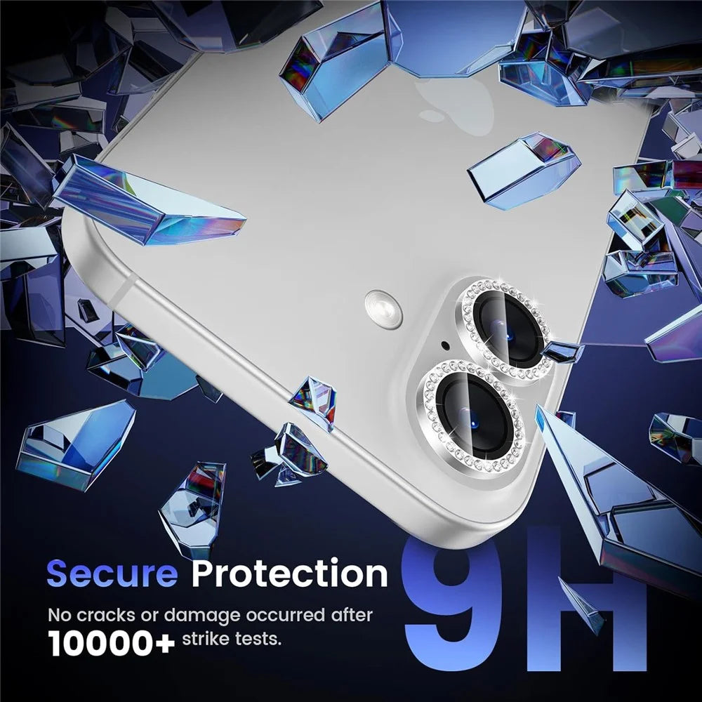1Set For iPhone 16  /  16 Plus Camera Lens Protector Tempered Glass+Metal Ring Rhinestone Lens Film - Silver - 5