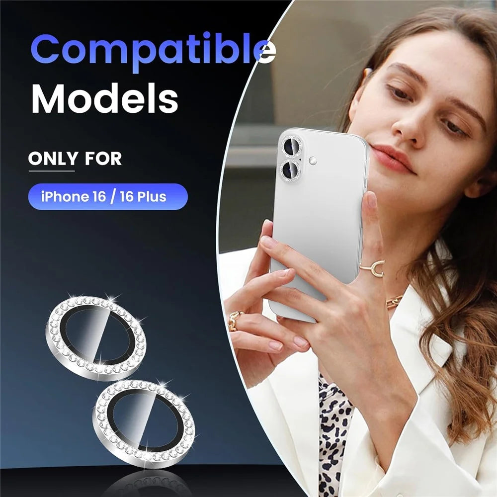 1Set For iPhone 16  /  16 Plus Camera Lens Protector Tempered Glass+Metal Ring Rhinestone Lens Film - Silver - 6