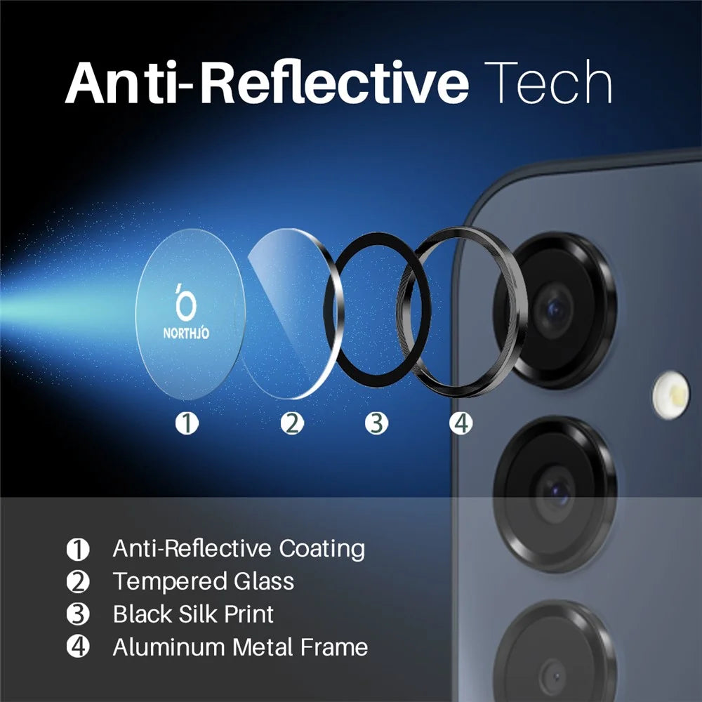 NORTHJO 1 Set For Samsung Galaxy A16 5G / A16 4G Camera Lens Flim+Tempered Glass+Metal Ring Lens Protector - Black - 4