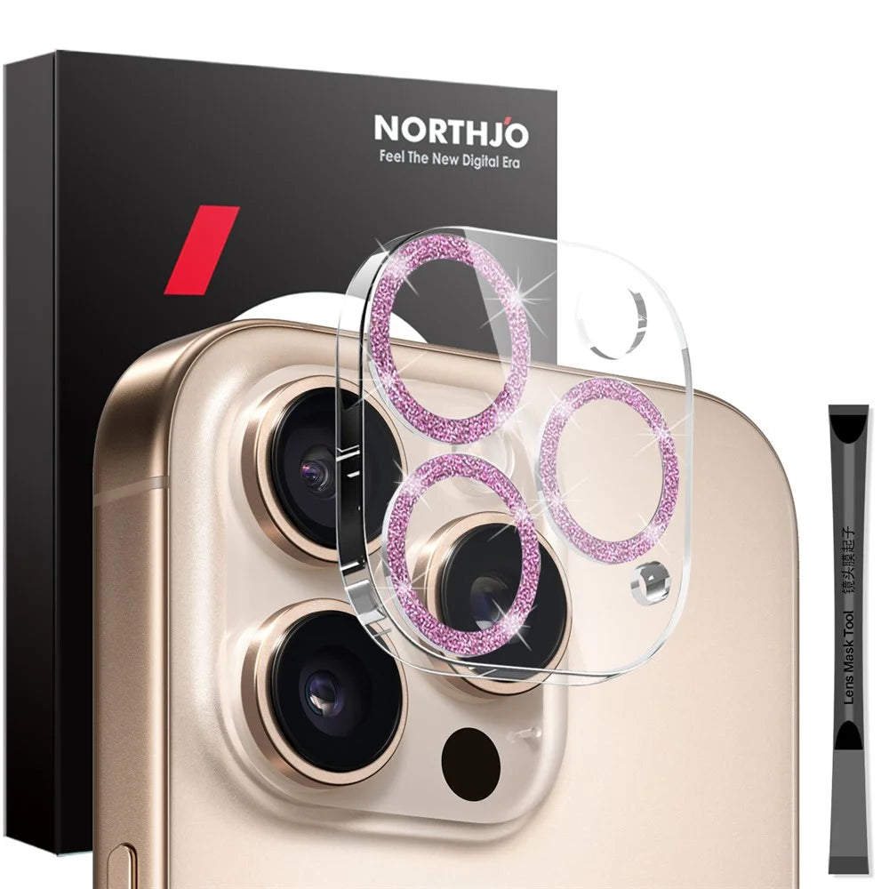 NORTHJO For iPhone 16 Pro / 16 Pro Max Camera Lens Protector Glitter Bling Circles Tempered Glass HD Clear 3D Full Coverage - Pink - 1