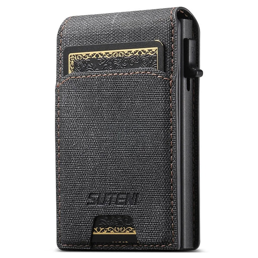 SUTENI Denim Texture PU Leather Card Case Auto Pop Up Card Holder - Black - 1