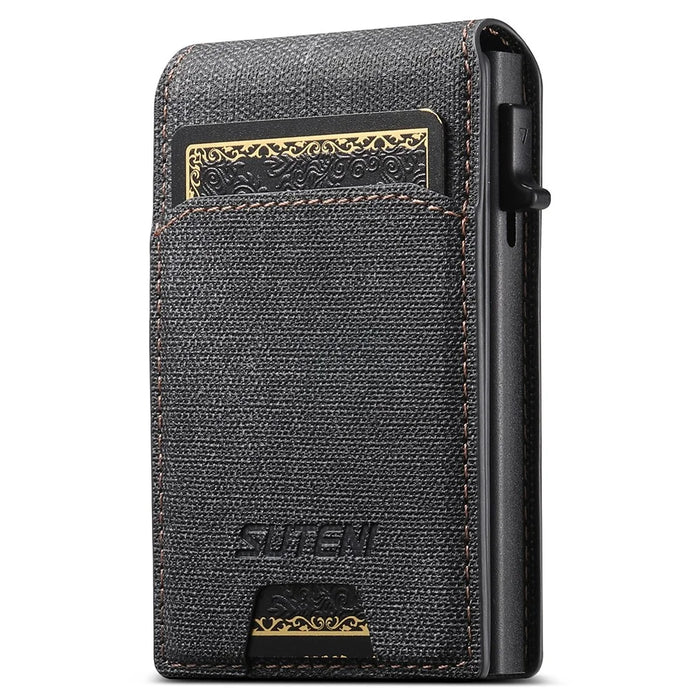 SUTENI Denim Texture PU Leather Card Case Auto Pop Up Card Holder - Black - 1