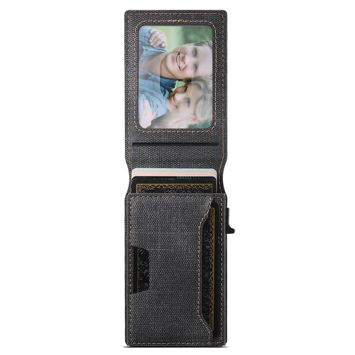 SUTENI Denim Texture PU Leather Card Case Auto Pop Up Card Holder - Black - 3
