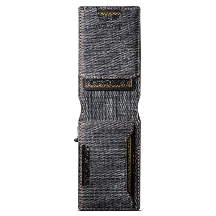 SUTENI Denim Texture PU Leather Card Case Auto Pop Up Card Holder - Black - 4