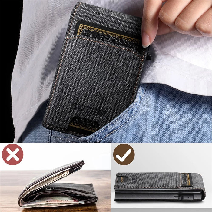SUTENI Denim Texture PU Leather Card Case Auto Pop Up Card Holder - Black - 6