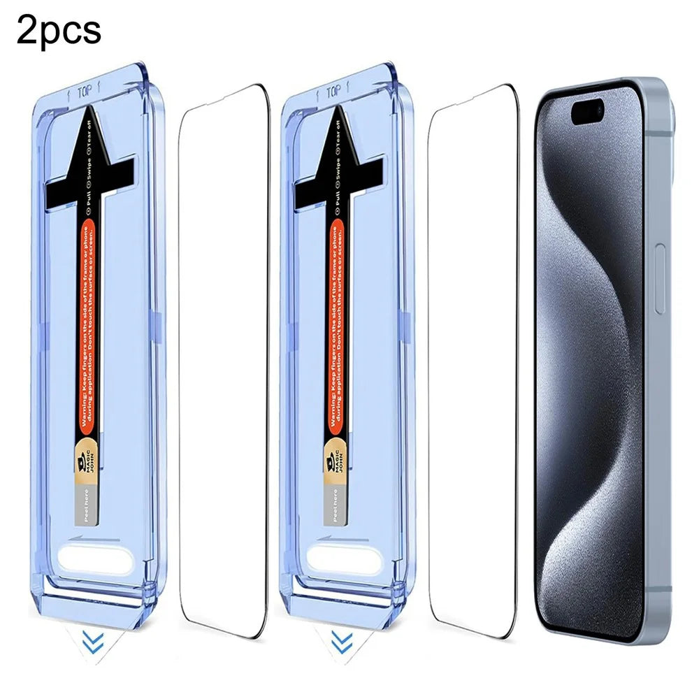 2 Sets For iPhone 15 Pro Tempered Glass HD Clear Screen Protector with Automatic Dust Removal Tool - 1
