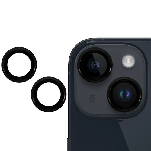 For iPhone 14 / 14 Plus 2 Sets Camera Lens Protector Metal Frame Tempered Glass Anti-scratch Lens Film - Black - 1