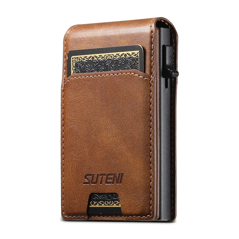 SUTENI Waxed Texture PU Leather Card Case Auto Pop Up Card Holder - Brown - 1