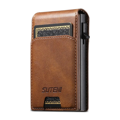 SUTENI Waxed Texture PU Leather Card Case Auto Pop Up Card Holder - Brown - 1