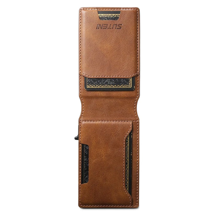 SUTENI Waxed Texture PU Leather Card Case Auto Pop Up Card Holder - Brown - 4