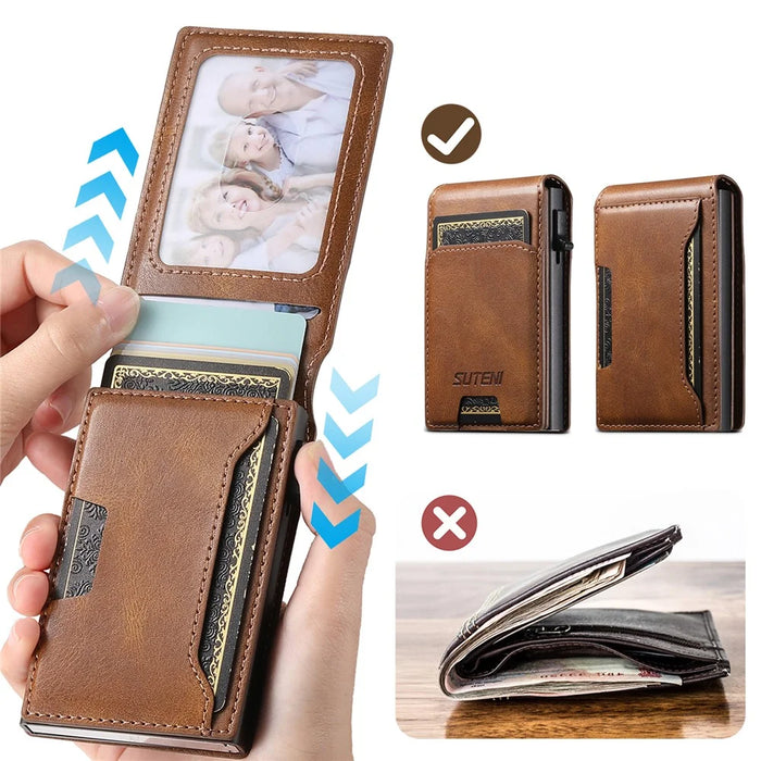 SUTENI Waxed Texture PU Leather Card Case Auto Pop Up Card Holder - Brown - 6