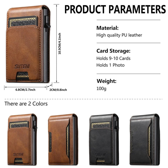 SUTENI Waxed Texture PU Leather Card Case Auto Pop Up Card Holder - Brown - 7