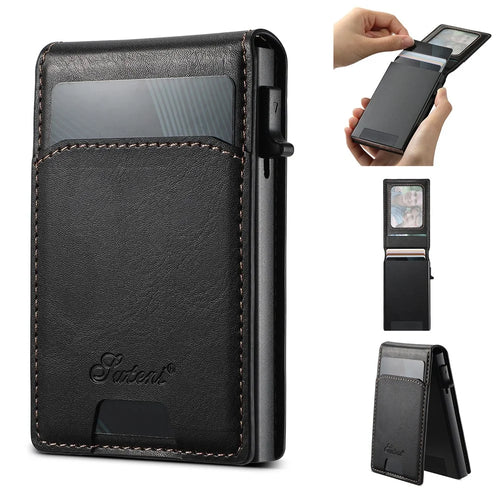 SUTENI Magnetic Card Holder Large Capacity Waxed Texture Leather 8 Card Slots Case - Black - 1
