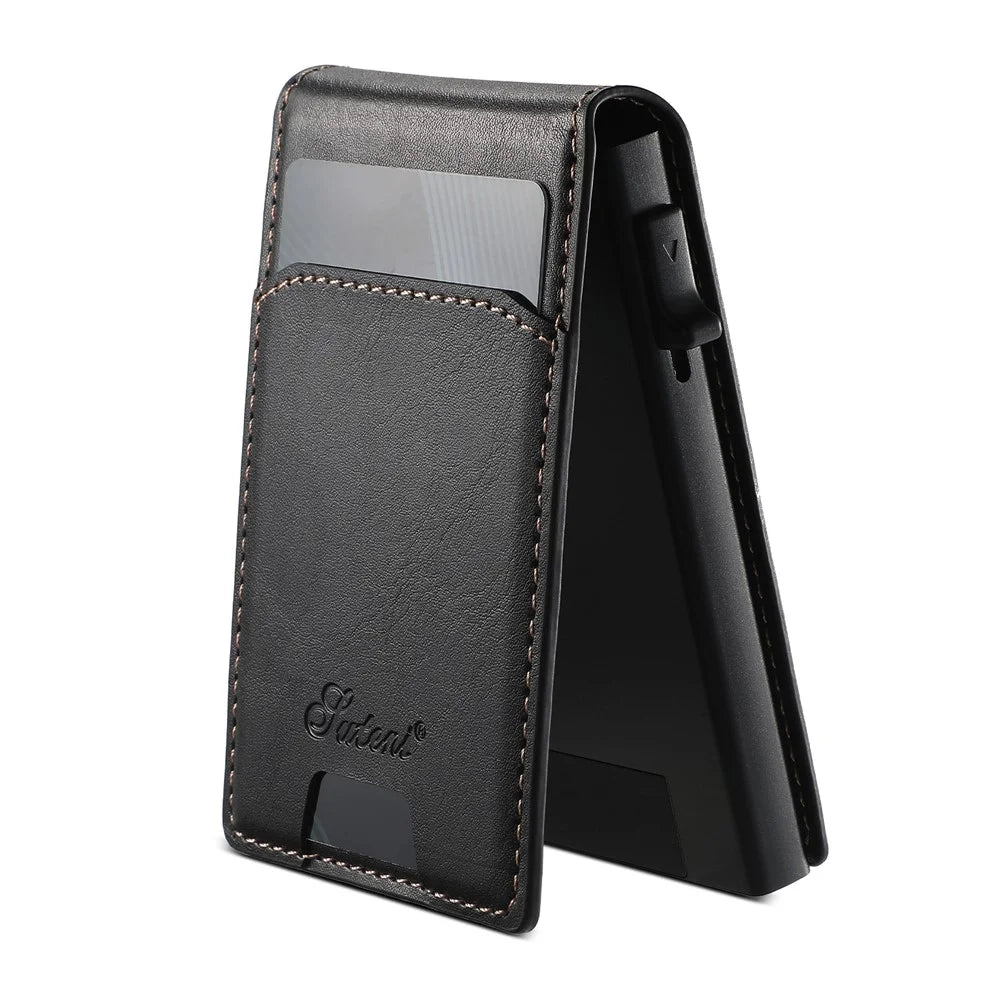 SUTENI Magnetic Card Holder Large Capacity Waxed Texture Leather 8 Card Slots Case - Black - 3