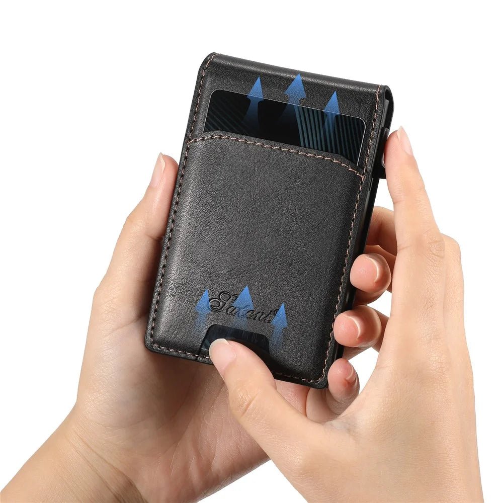 SUTENI Magnetic Card Holder Large Capacity Waxed Texture Leather 8 Card Slots Case - Black - 4